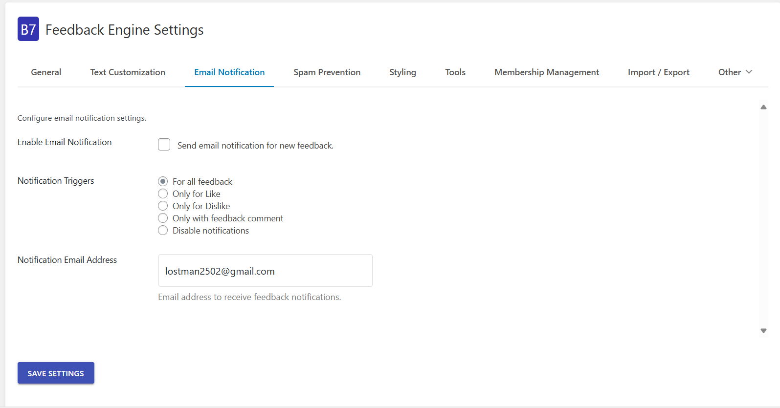 Setting for email notification when have new feedback or comment
