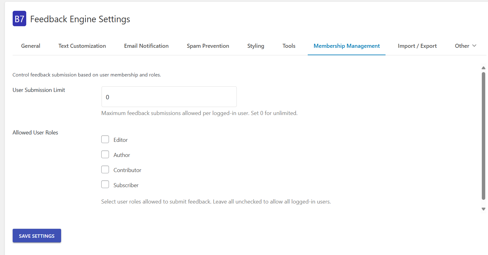 Control which user role can feedback