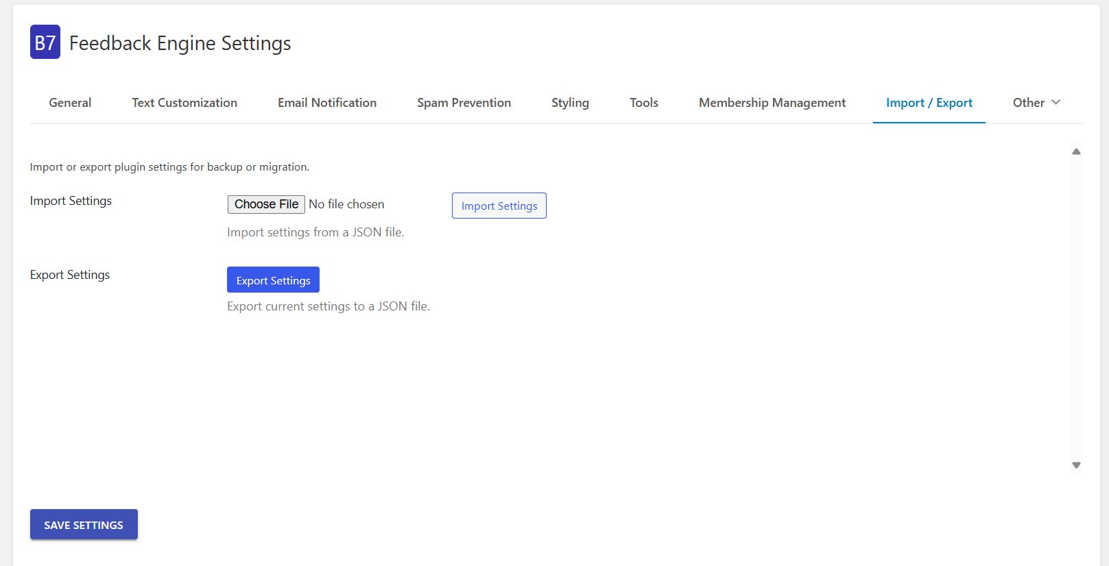 Import/Export all configured settings